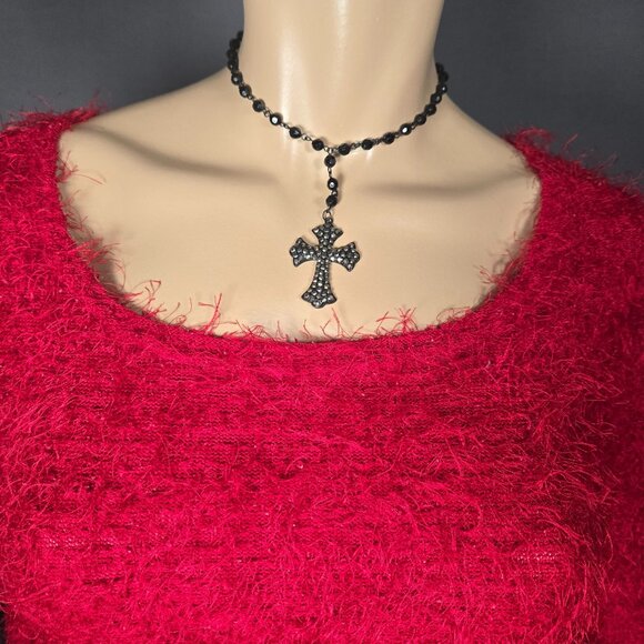 Vintage 90s Red  Shaggy Eyelash Sweater Size S Goth Grunge Punk - Picture 2 of 10